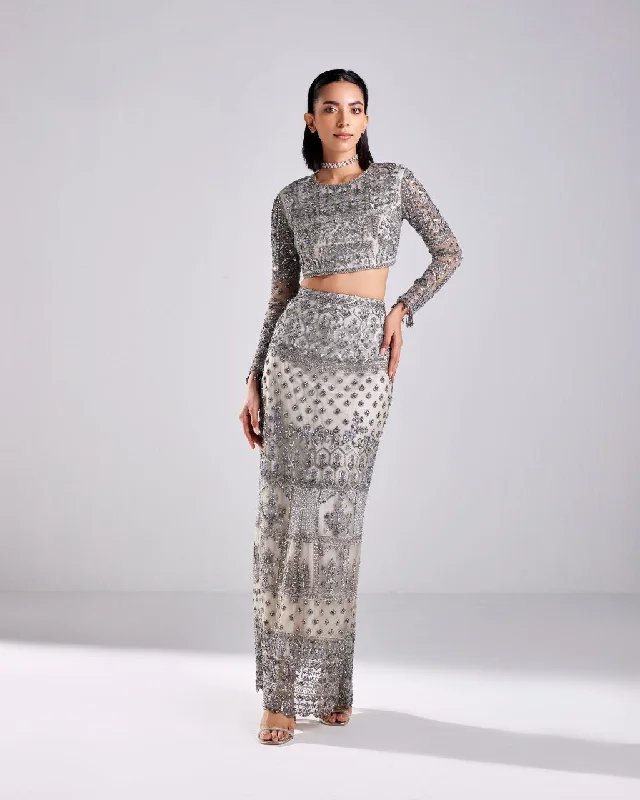 Grey Embroidered Crop Top And Skirt Set linen skirt airy