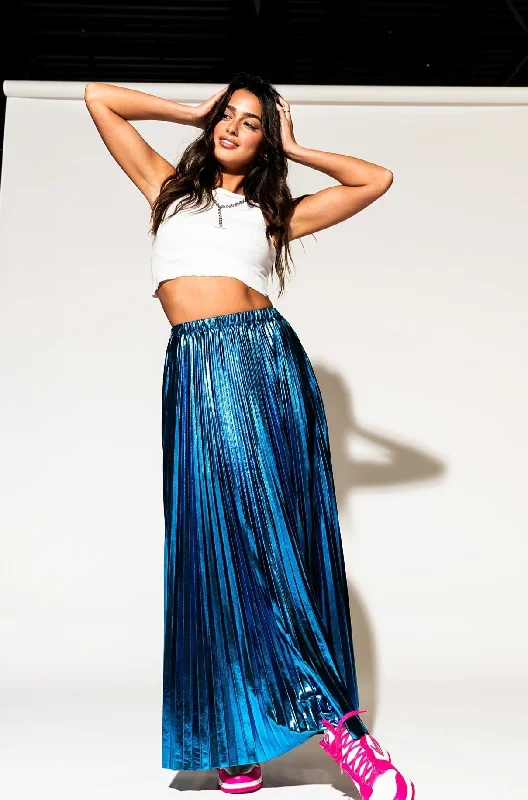 Metallic Pleated Midi Skirt in Blue Raspberry leather skirt modern