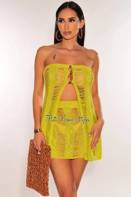 Lime Green Crochet Ladder Strapless Slit Top Skirt Two Piece Set pleated skirt texture