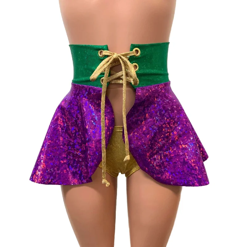 Mardi Gras Corset Skirt - Holographic Lace-Up Skater Skirt button skirt front