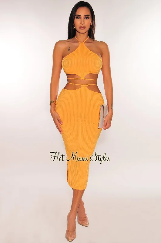 Melon Orange Ribbed Halter Cut Out Tie Up Skirt Two Piece Set zip skirt side