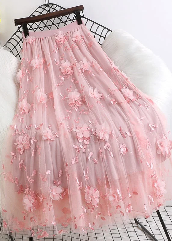 Natural Pink Embroideried Floral tulle Skirts Spring cashmere skirt soft