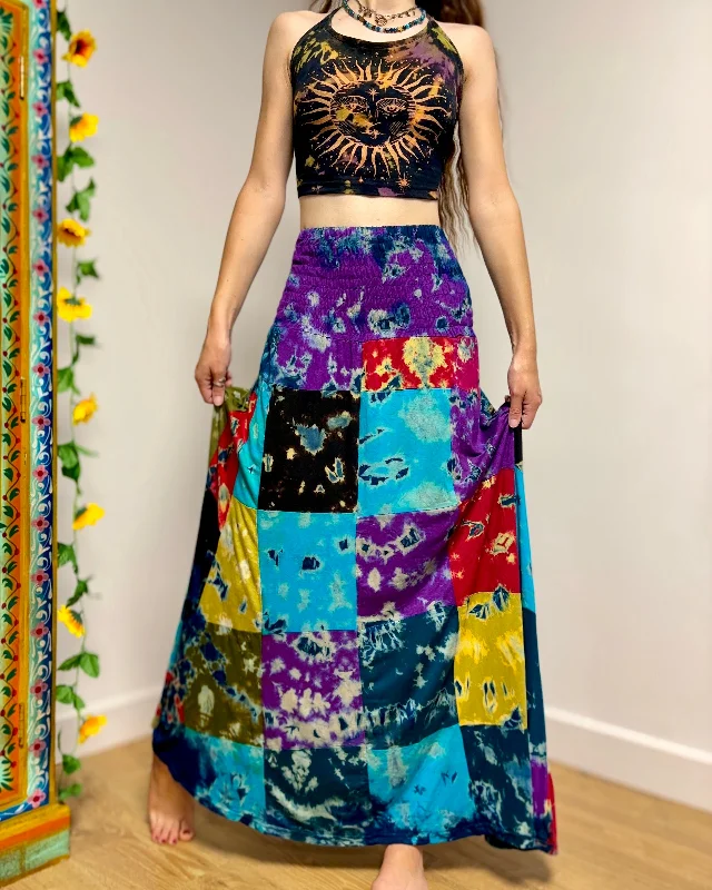 Patchwork Tie-dye Maxi Skirt pleated skirt texture