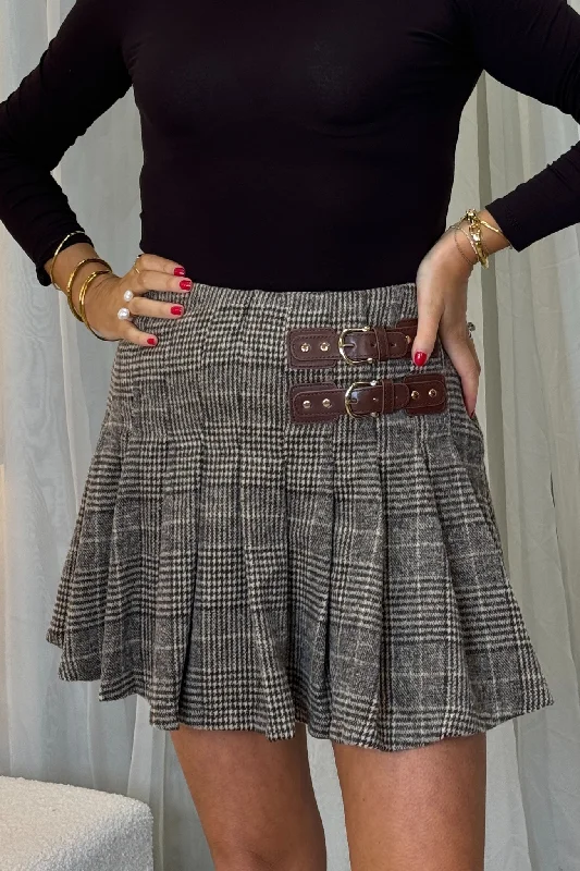 Polly Pleated Check Skirt In Chocolate Mix ribbed skirt waist