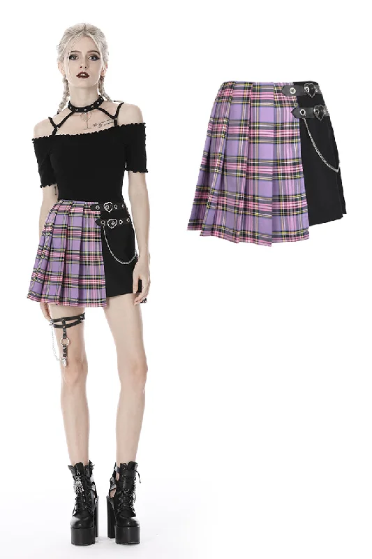 Punk purple checked splicing black pleated short skirt KW175 chiffon skirt floaty