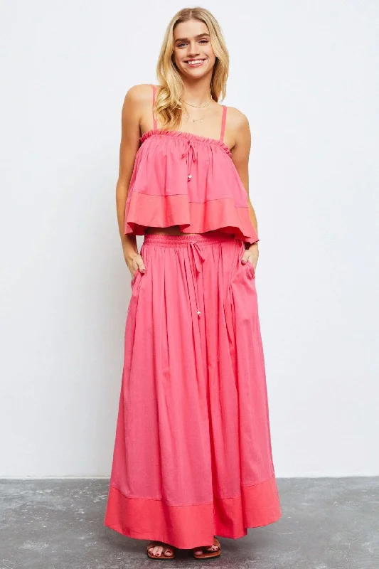 Western Boho Colorblock Front Tie Elastic Waist Maxi Skirt cashmere skirt fine