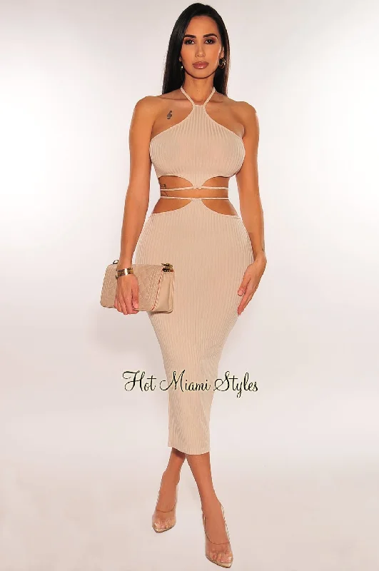 Sand Ribbed Halter Cut Out Tie Up Skirt Two Piece Set leather skirt bold