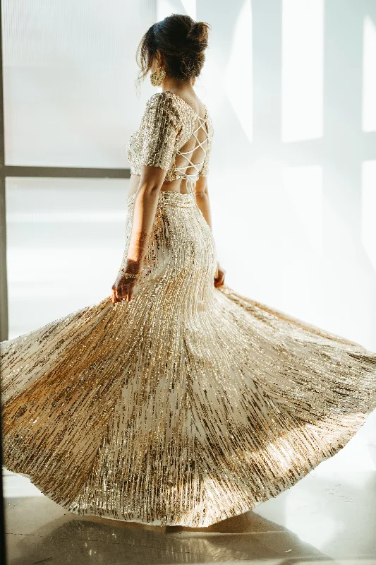 SEEMA Ivory and Gold Sequin Bridal Lehenga Skirt lace skirt delicate
