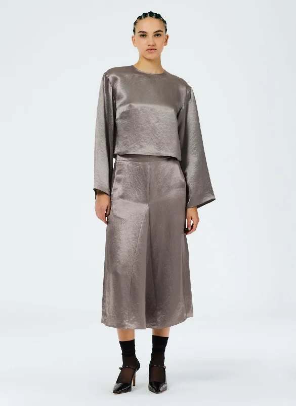 Sion Satin Godet Midi Skirt zip skirt side