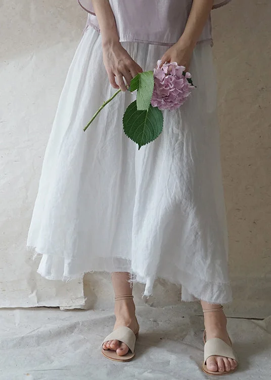 Solid White elastic waist drawstring double-deck Linen Skirts Spring leather skirt durable