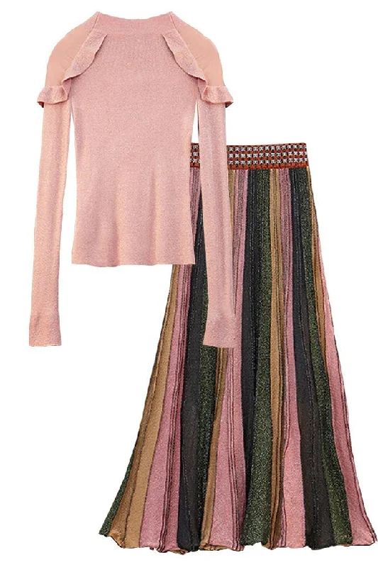 Janine Pink Metallic Blouse and Pleated Skirt Set denim skirt fashionable